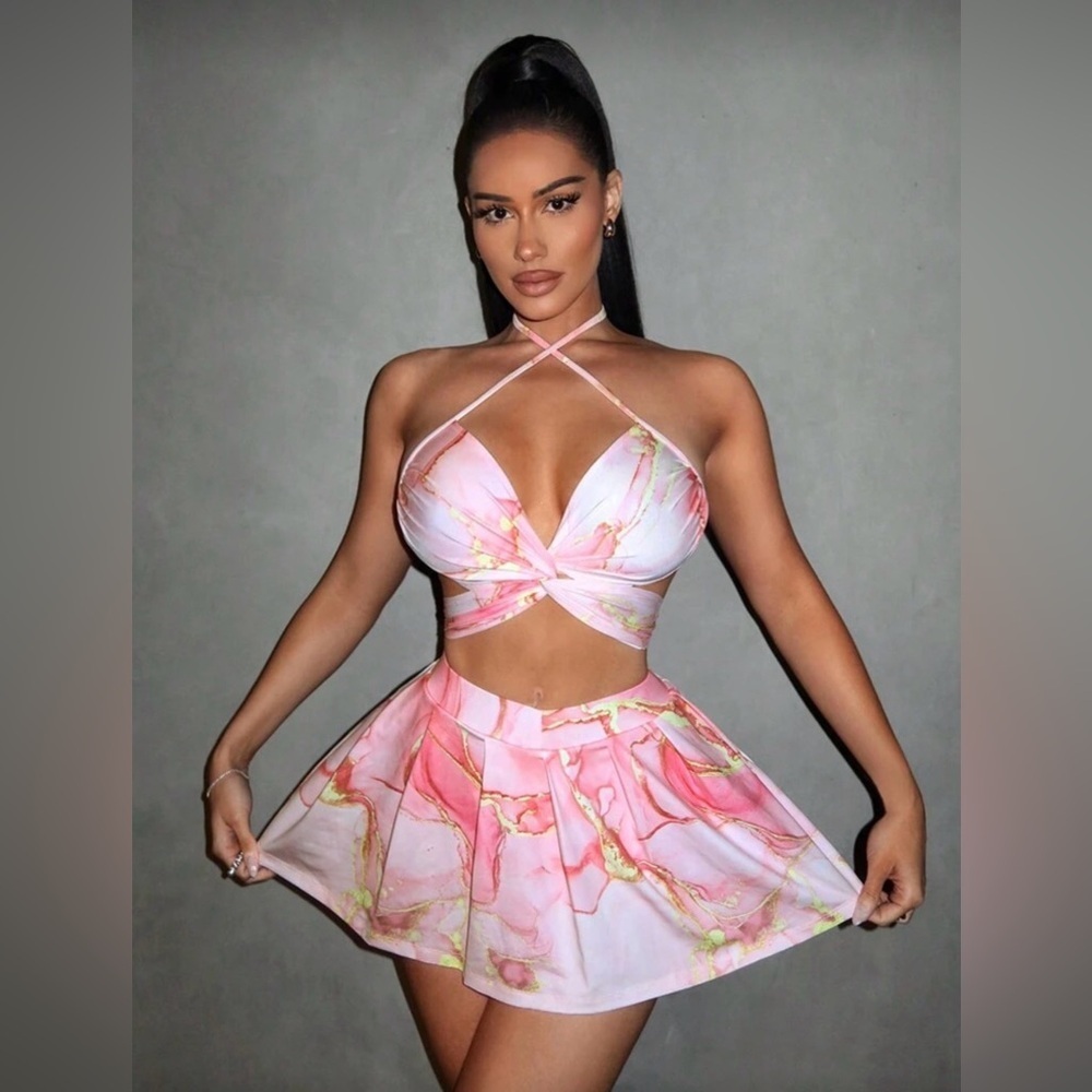 New Y2K Beach Vacation Pink Marble Halter Crop Top and Skirt Matching set XS
